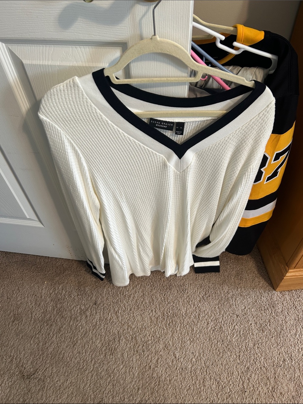 Susan Graver White V-Neck Long Sleeve Top with Black Trim